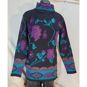 Vintage Next Issue Knit Tunic Sweater Womens Small Turtleneck Floral Purple Teal